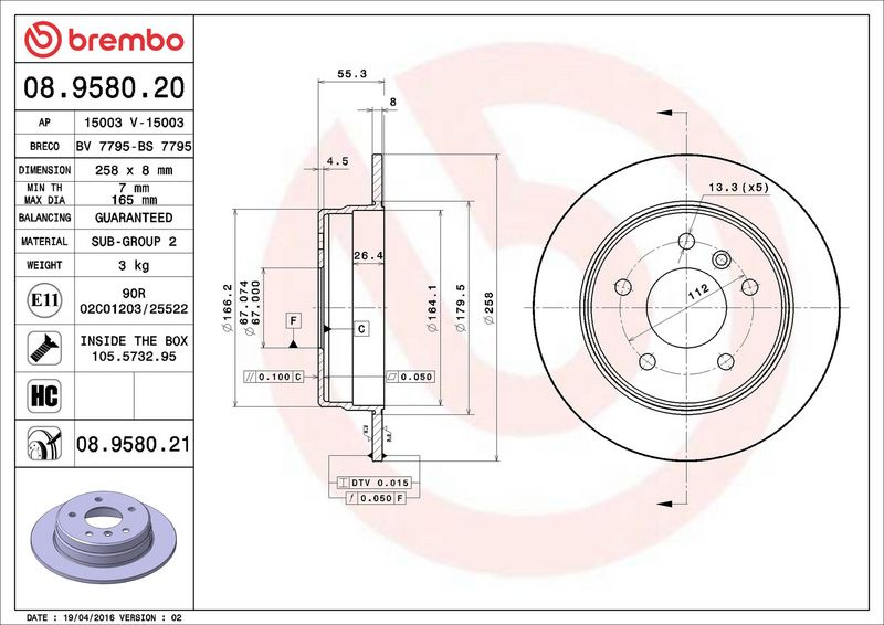 Brzdový kotouč BREMBO 08.9580.21