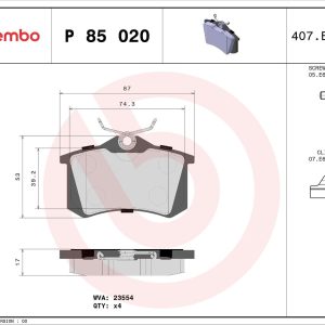 BRE P85 020X Sada brzdových destiček BREMBO Xtra 484958 BRE P85 020X Sada brzdových destiček BREMBO Xtra 484958